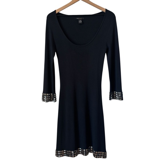 BCBG Max Azria Black Knit Bodycon Dress Sz M Gunmetal Rhinestones Goth Rock Punk - Picture 9 of 9